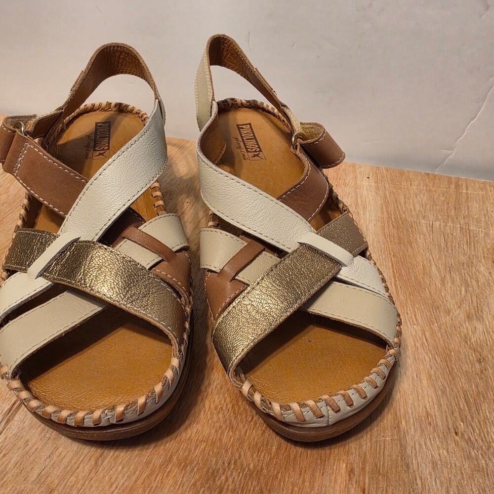 Pikolinos Cadaques Women's wedge sandals off-white metallic crisscross leather